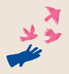 Hand frees bird. Recovering after psychological trauma or depression. Colorful vector illustration