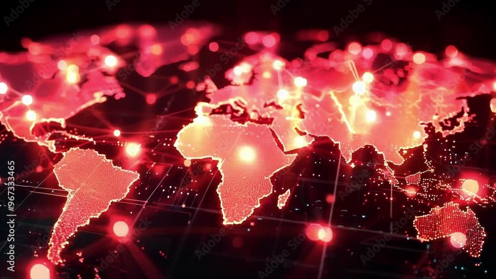 Poster abstract world map showing interconnectedness of global finance with glowing red lines and dots, sym
