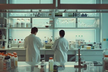 Obraz premium Two scientists work diligently in a highly equipped laboratory, highlighting collaboration and scientific pursuit in a controlled environment.