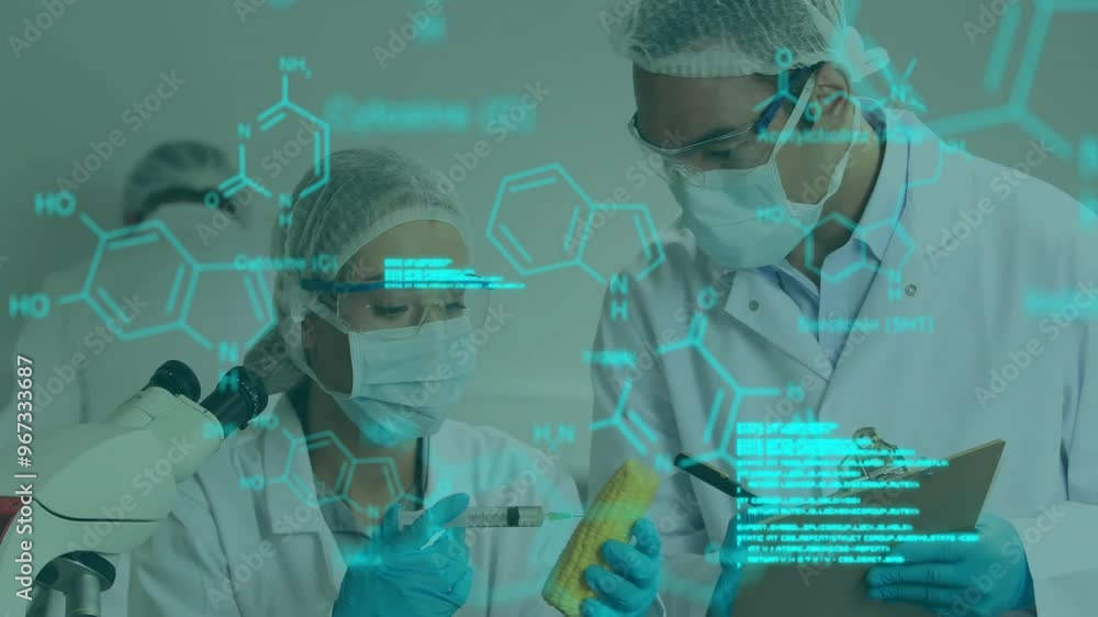 Poster animation of data processing and chemical formula over diverse scientists working in lab