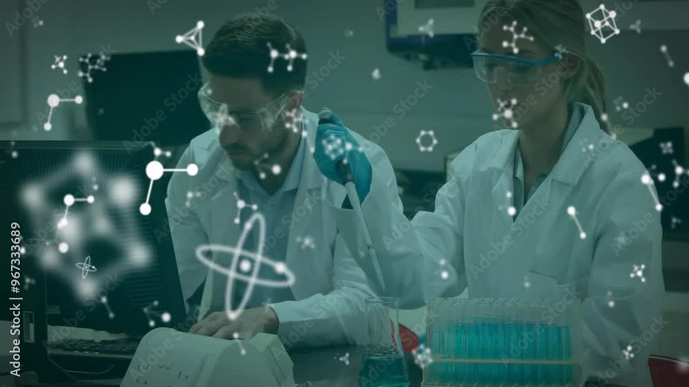 Sticker Animation of molecules over diverse scientists working in lab