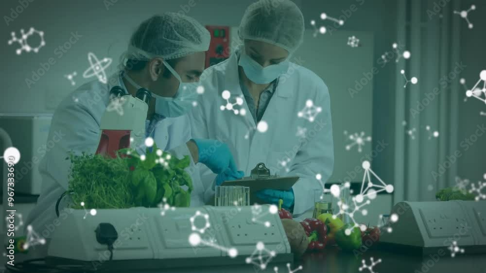 Poster animation of molecules over diverse scientists working in lab