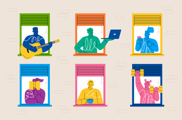 Fototapeta premium Neighbors in house windows. People in apartments work on computer, play guitar, doing exercises, read book and look outside in windows. Colorful vector illustration