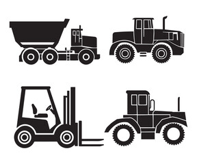 A vector illustration featuring four distinct types of construction equipment, showcasing their unique designs and functions