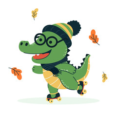 Cute cartoon crocodile roller skating in autumn.