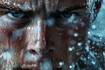An intensely focused face drenched in water droplets, with a steely gaze into the distance, symbolizes determination and unwavering resolve amid challenges.
