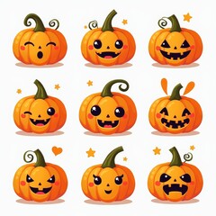 Cute Halloween Pumpkins Illustration with Various Facial Expressions - Perfect for Seasonal Decorations and Designs