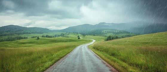 Downpour, wind-swept landscape,  Rich jewel tones, Humorous, Timeless Adventure