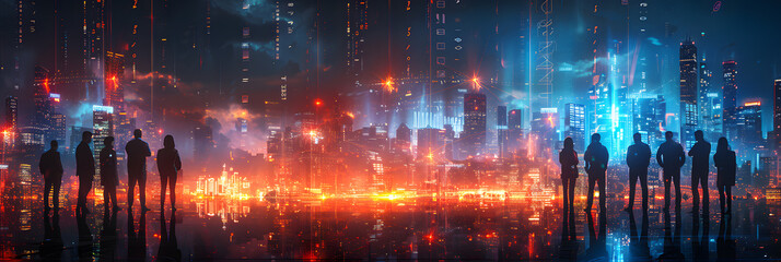 Fototapeta premium Futuristic Business Team in Front of Digital Data Screens with City Skyline and Blue-Orange Lighting