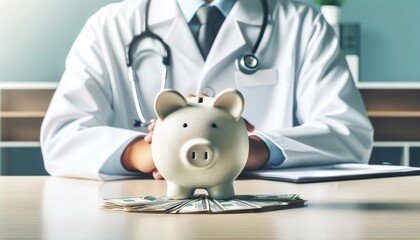  Medical professional in white coat with piggy bank and stack of money on the table &ndash; concept for healthcare costs and financial planning