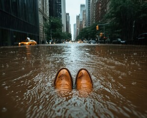 Heavy rain, stormwater flooding city streets,  Rich jewel tones, Humorous, Timeless Adventure