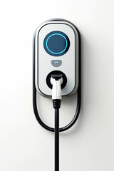 Front view modern Electric Vehicle Charging Cable and Plug isolated on the white wall. 