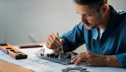 Engineer working on a technical project, representing innovation, problem solving, and design.