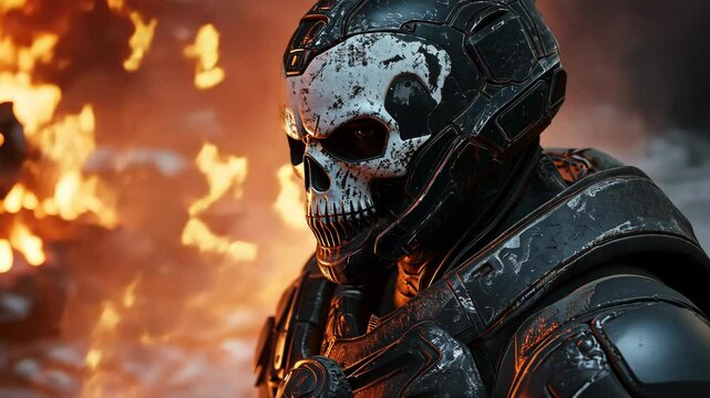 Close-up of soldier wearing skull-face mask and tactical gear with fiery explosion background. Intense military portrait showcasing intimidating combat equipment for action game or movie