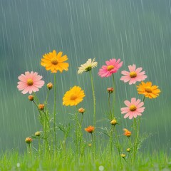 Heavy rain, wind-blown flowers,  Rich jewel tones, Humorous, Timeless Adventure