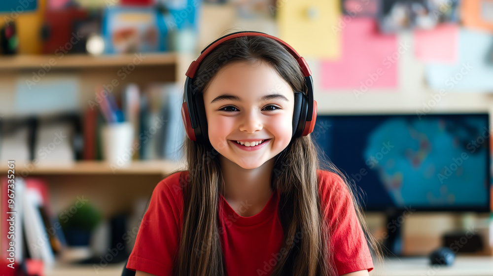 Canvas Prints American Girl participating in an online class with a headset, wearing a red t-shirt