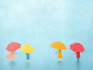 Blustery rainstorm, people with umbrellas,  Rich jewel tones, Humorous, Timeless Adventure