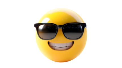 A 3D realistic cool emoji with sunglasses and a confident smile, isolated on white background