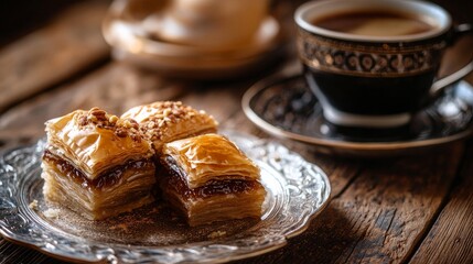 Bosnian baklava is a dense, sweet pastry delicacy consisting of layers of filo pastry filled with chopped nuts, sweetened, and sealed with syrup. A classic Turkish coffee is behind it.
