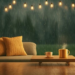 Blustery rain, cozy indoor scene,  Rich jewel tones, Humorous, Timeless Adventure