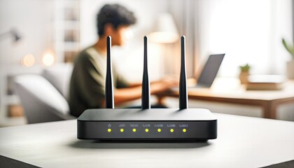 Router with glowing indicators in a modern office, person working in the background – concept for home networking and connectivity