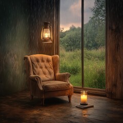 Blustery rain, cozy indoor scene,  Rich jewel tones, Humorous, Timeless Adventure