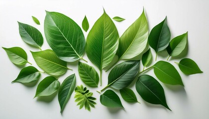 Obraz premium Dynamic Composition of Various Green Leaves Against White Background During Daylight