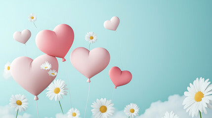 Romantischer Mintgrün-Hintergrund mit schwebenden Ballonherzen. Valentinstag, Muttertag Design. Zarte Grußkarte. Luftige Illustration. Sanfte Farben. Liebevolle Atmosphäre