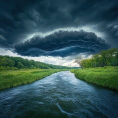 Dark storm clouds, rivulet merging with a river,  Rich jewel tones, Humorous, Timeless Adventure
