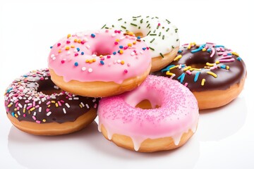Various colorful donuts with sprinkles on white background – concept for sweets and treats