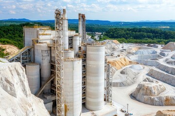 Obraz premium Birds-eye view of a cement factory and surrounding quarries, Cement production landscape, industrial scale