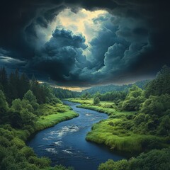Dark storm clouds, rivulet merging with a river,  Rich jewel tones, Humorous, Timeless Adventure