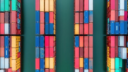 Birds-eye view of a sprawling shipping yard filled with containers, Global shipping, international commerce