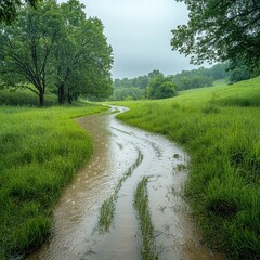 Heavy rainstorm, stormwater pooling in low areas,  Rich jewel tones, Humorous, Timeless Adventure