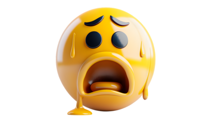 A 3D realistic crying emoji with streaming tears and a downturned mouth, isolated on white background