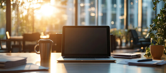 A laptop with an empty screen sits on the table in front of you, surrounded by office supplies and coffee mugs. The background is blurred to focus attention on the computer. Created with Ai
