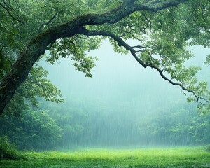 Heavy rain, windy day with swaying trees,  Rich jewel tones, Humorous, Timeless Adventure