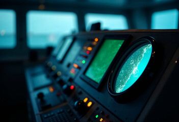 An advanced maritime radar screen glows in the dim ship's bridge, highlighting precision tech.







