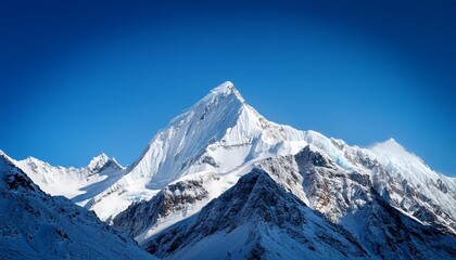 Snowy mountain peak with clear blue sky.