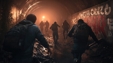 A group of survivors running through a tunnel, with zombies closing in from both sides. The tunnel is dimly lit, with graffiti on the walls and debris scattered across the ground.