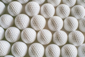 A neatly organized array of dimpled golf balls, each spherical and uniform, reflecting the meticulous nature of golf and sportsmanship.