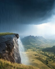 Intense rainfall, stormwater rushing down hillsides,  Rich jewel tones, Humorous, Timeless Adventure