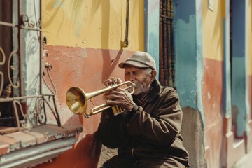 Obraz premium An elderly man plays the trumpet, seated against a vibrant, painted wall in a nostalgic street, depicting the art and soul of old neighborhoods.