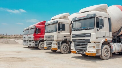 Obraz premium Cement trucks lined up outside a factory ready for distribution, Cement logistics, transportation