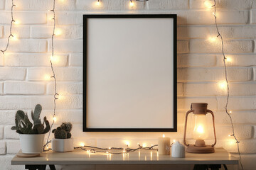 A large black frame mockup leans against a white brick wall, surrounded by candles and greenery, styled in an industrial chic manner with hanging fairy lights. Created with Ai