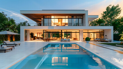 Obraz premium Luxury home with modern pool at sunrise, contemporary villa architecture, resort style hotel with beautiful interior and exterior design, backyard view