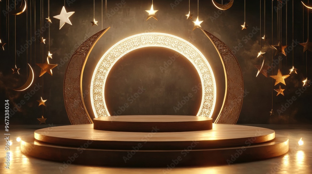 Poster serene eastern pattern with stars and crescents illuminating a wooden stage in a mystical and ambien
