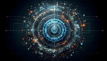 Creative digital tech circle on dark backdrop. Big data and technology concept. 3D Rendering