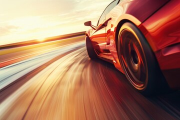 A red sports car speeds around a track at sunset, the motion blur capturing the excitement and dynamic energy of the moment.