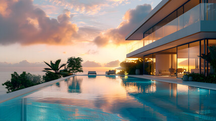 Fototapeta premium Luxury home with modern pool at sunrise, contemporary villa architecture, resort style hotel with beautiful interior and exterior design, backyard view